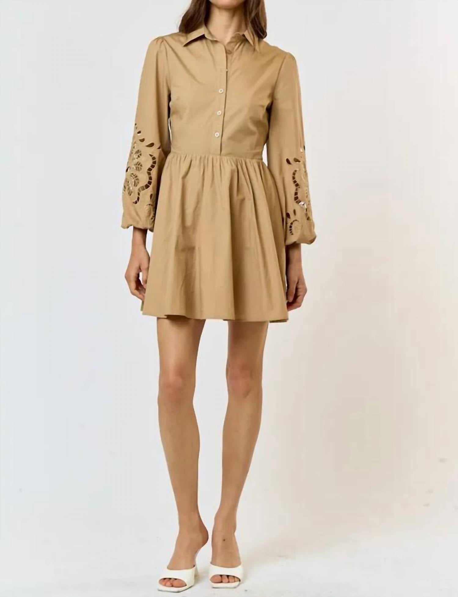 Lalavon - Floral Button Up Flared Mini Dress - beige - clothing - cotton