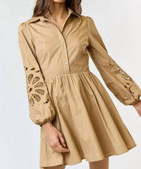 Lalavon - Floral Button Up Flared Mini Dress - beige - clothing - cotton