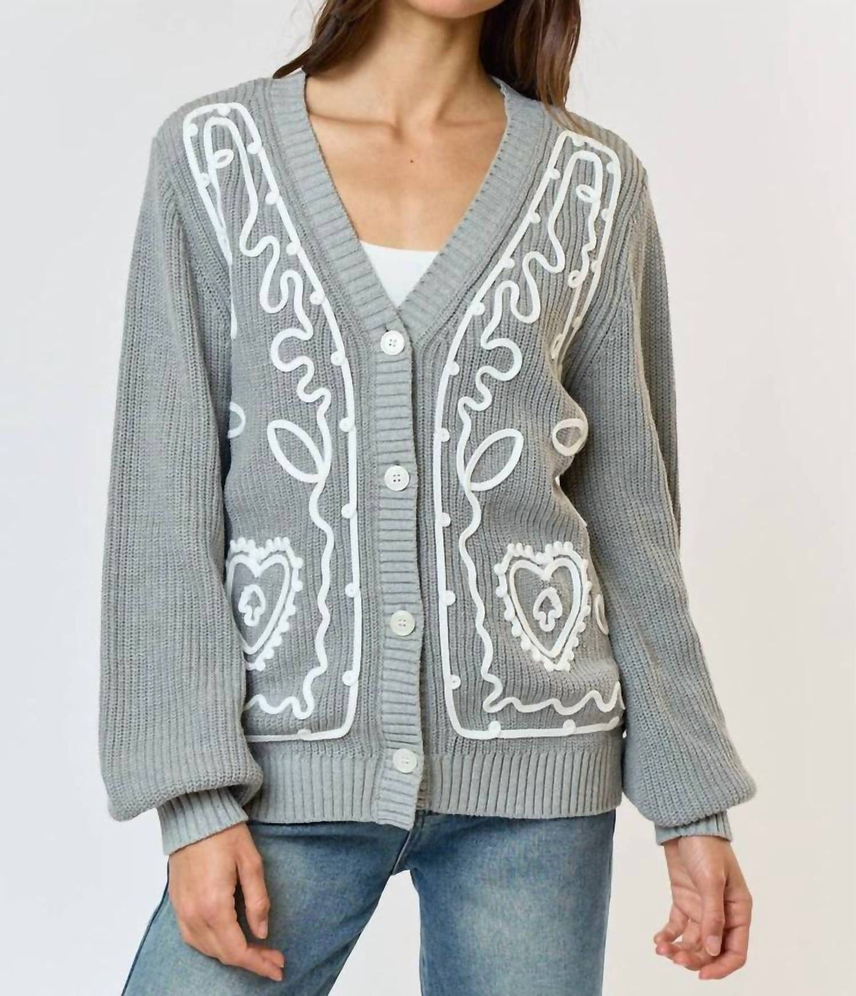Lalavon - Heart Embroidery Button Down Cardigan