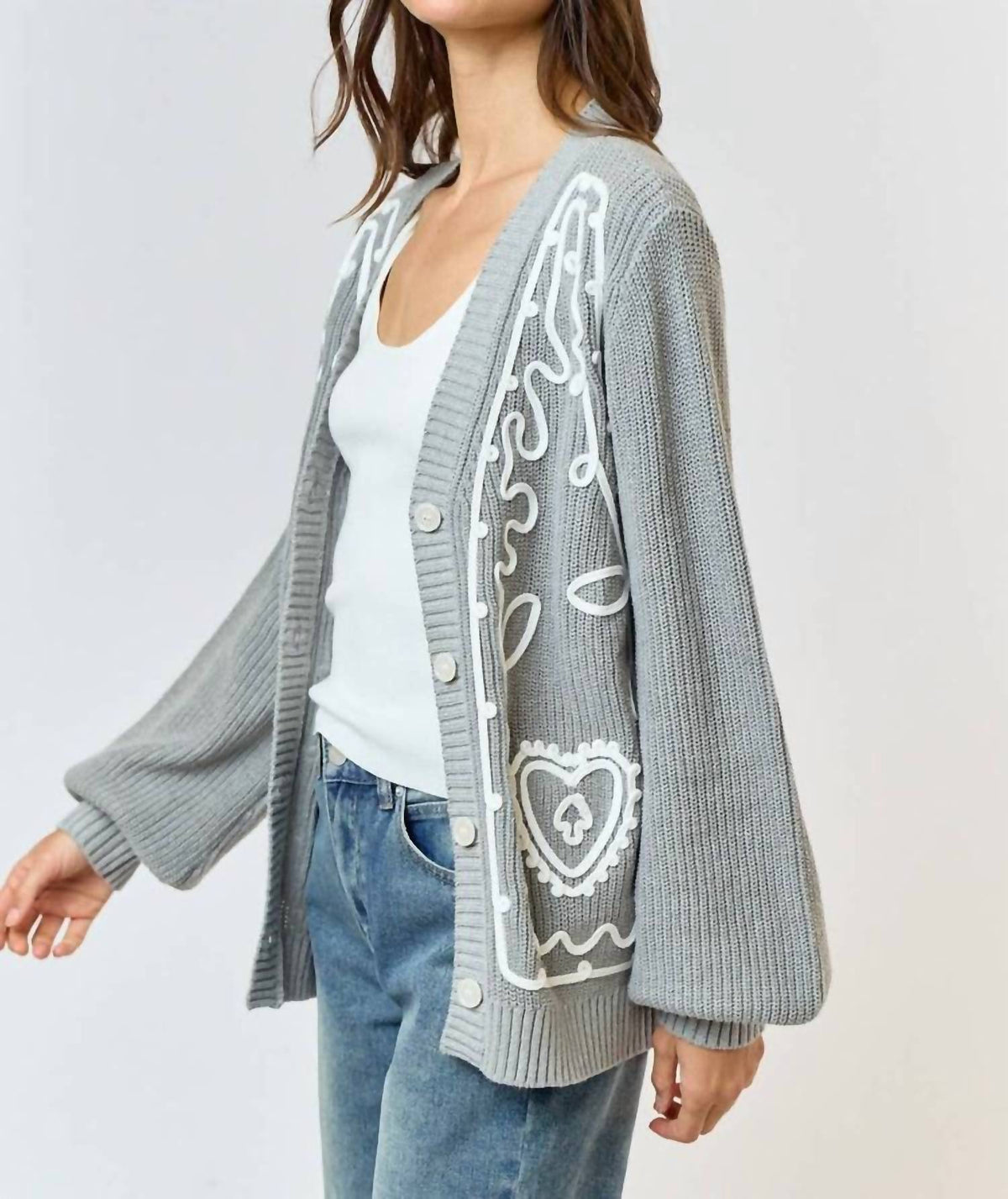 Lalavon - Heart Embroidery Button Down Cardigan