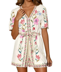 Lalavon - Rafaela Flower Print Short Puff Sleeve Romper