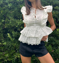 Lalavon - Ruffled Flutter Sleeve Peplum Top