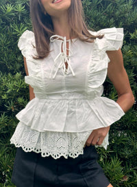 Lalavon - Ruffled Flutter Sleeve Peplum Top