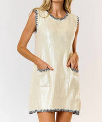 Lalavon - Sequin Contrast Stitch Front Pocket Mini Dress