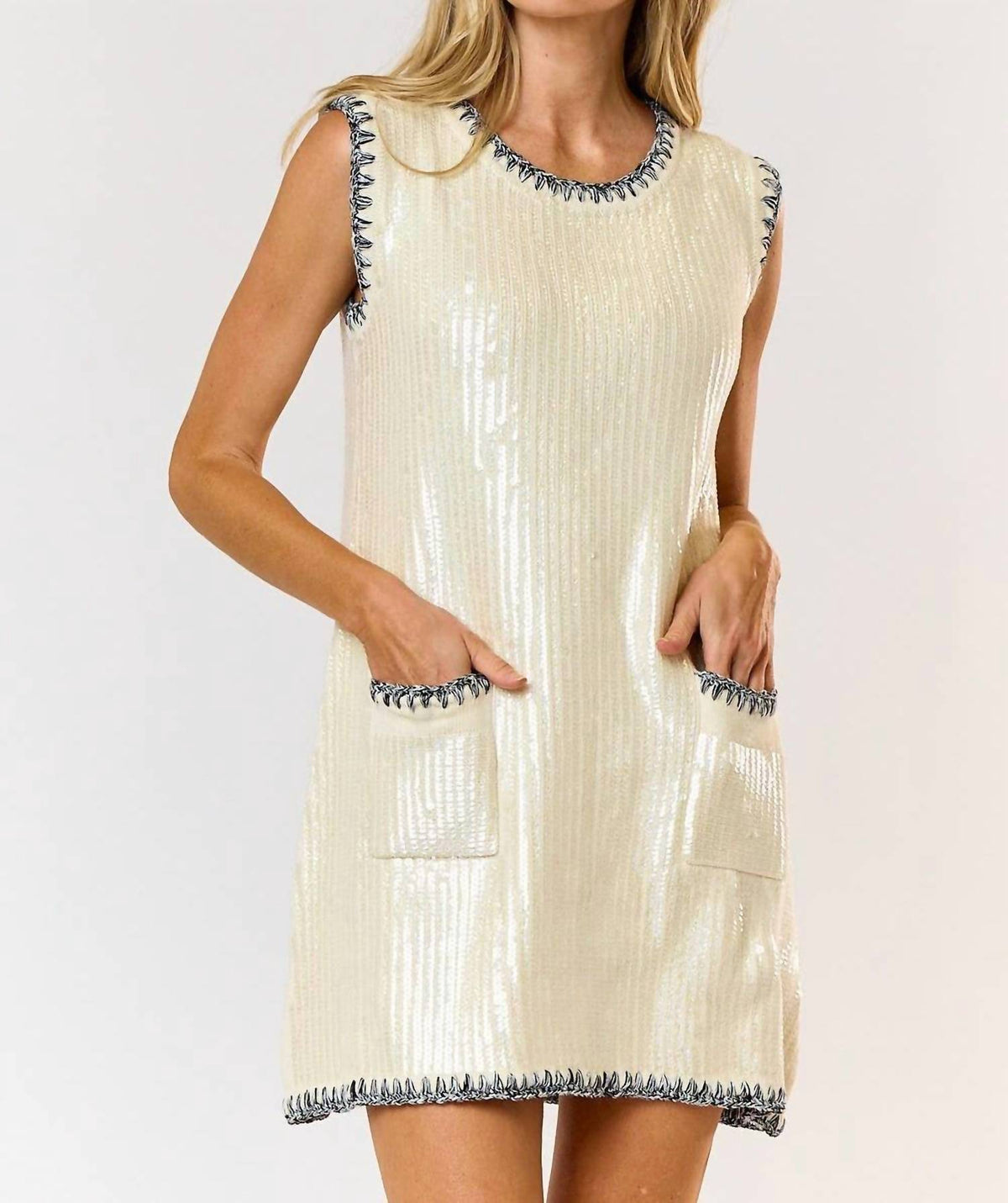 Lalavon - Sequin Contrast Stitch Front Pocket Mini Dress