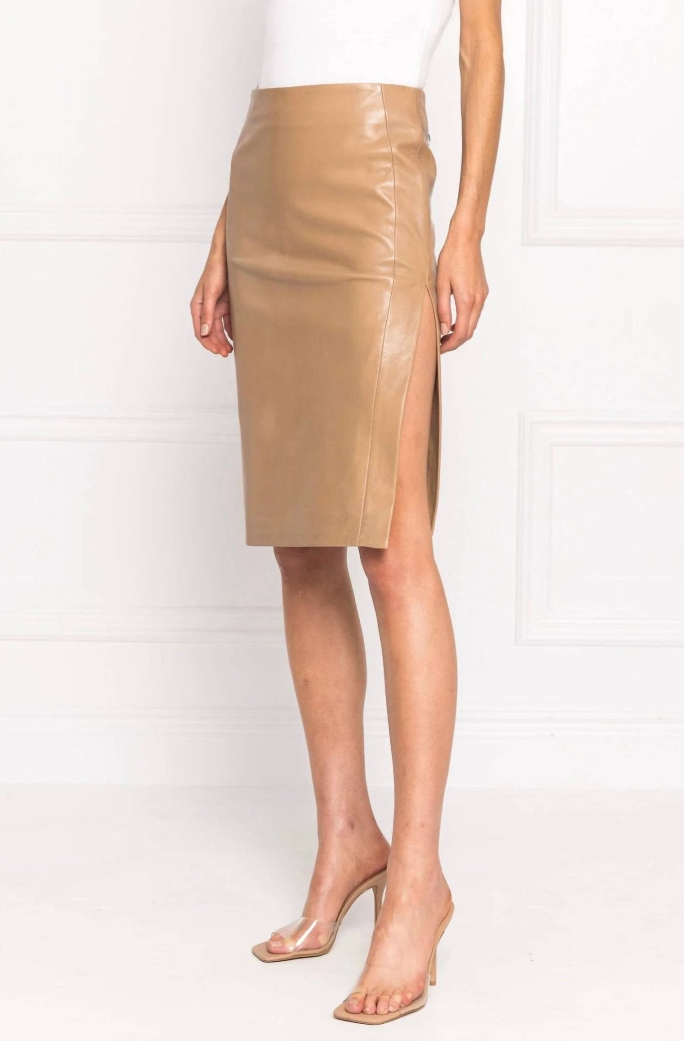 Lamarque - Liza Slit Leather Pencil Skirt - brown - clothing - knee - length - skirts