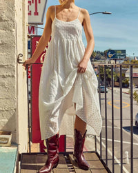 Lara Daisy - Embroidered Cotton Drawstring Tie Back Midi Dress