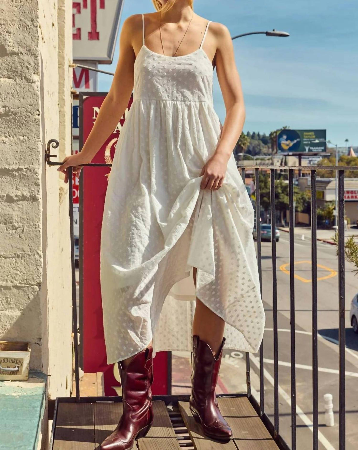 Lara Daisy - Embroidered Cotton Drawstring Tie Back Midi Dress