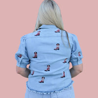 Layerz Clothing - Bailey Embroidered Denim Cowboy Boot Shirt