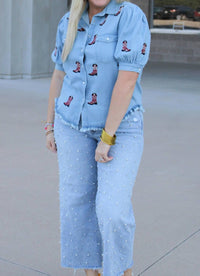 Layerz Clothing - Bailey Embroidered Denim Cowboy Boot Shirt