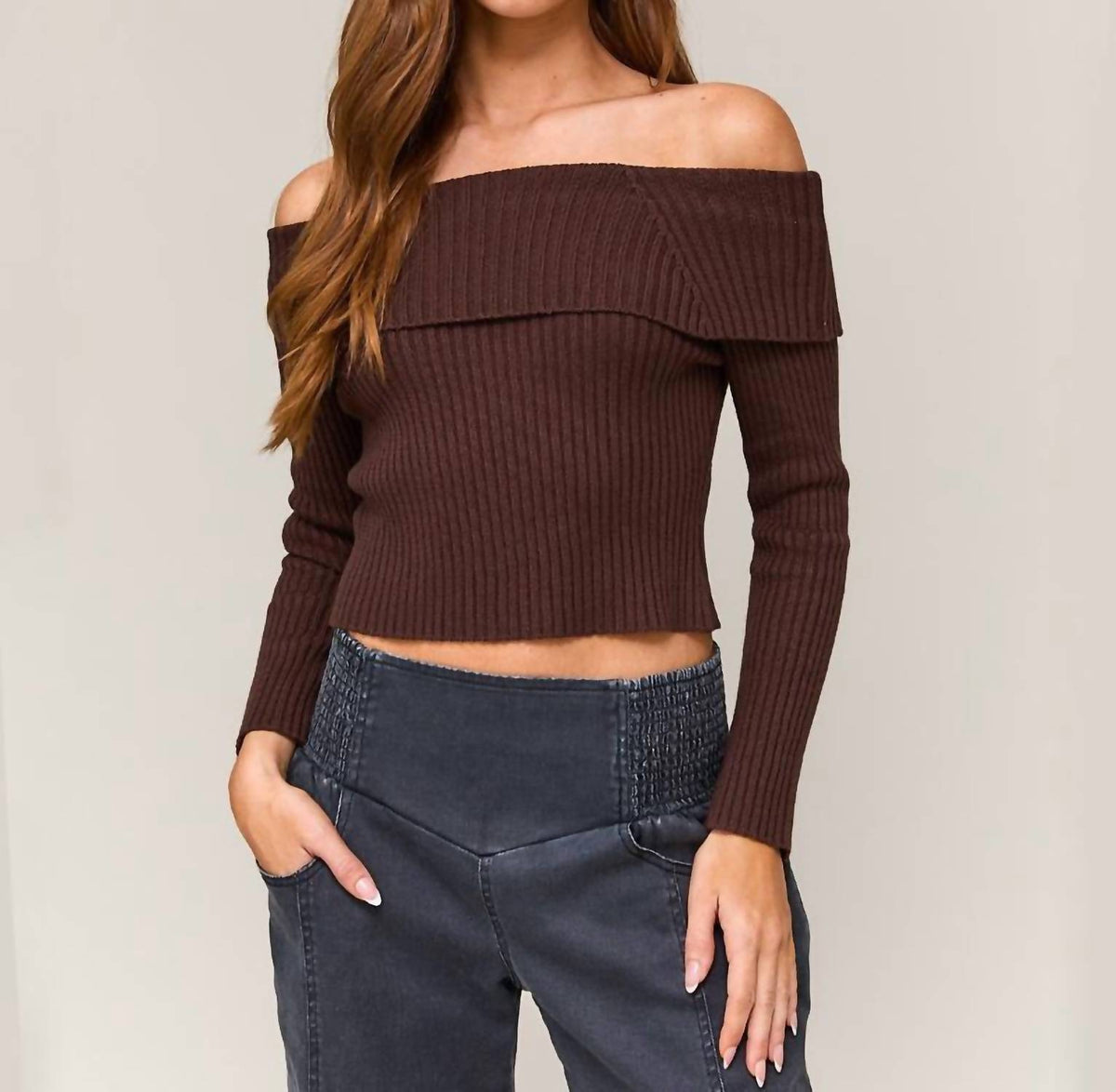Le Lis - Off Shoulder Tie Back Ribbed Sweater