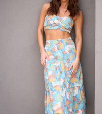 Lena - Alyssa Floral Twisted Tube Top Midi Skirt Set - blue - clothing - cotton