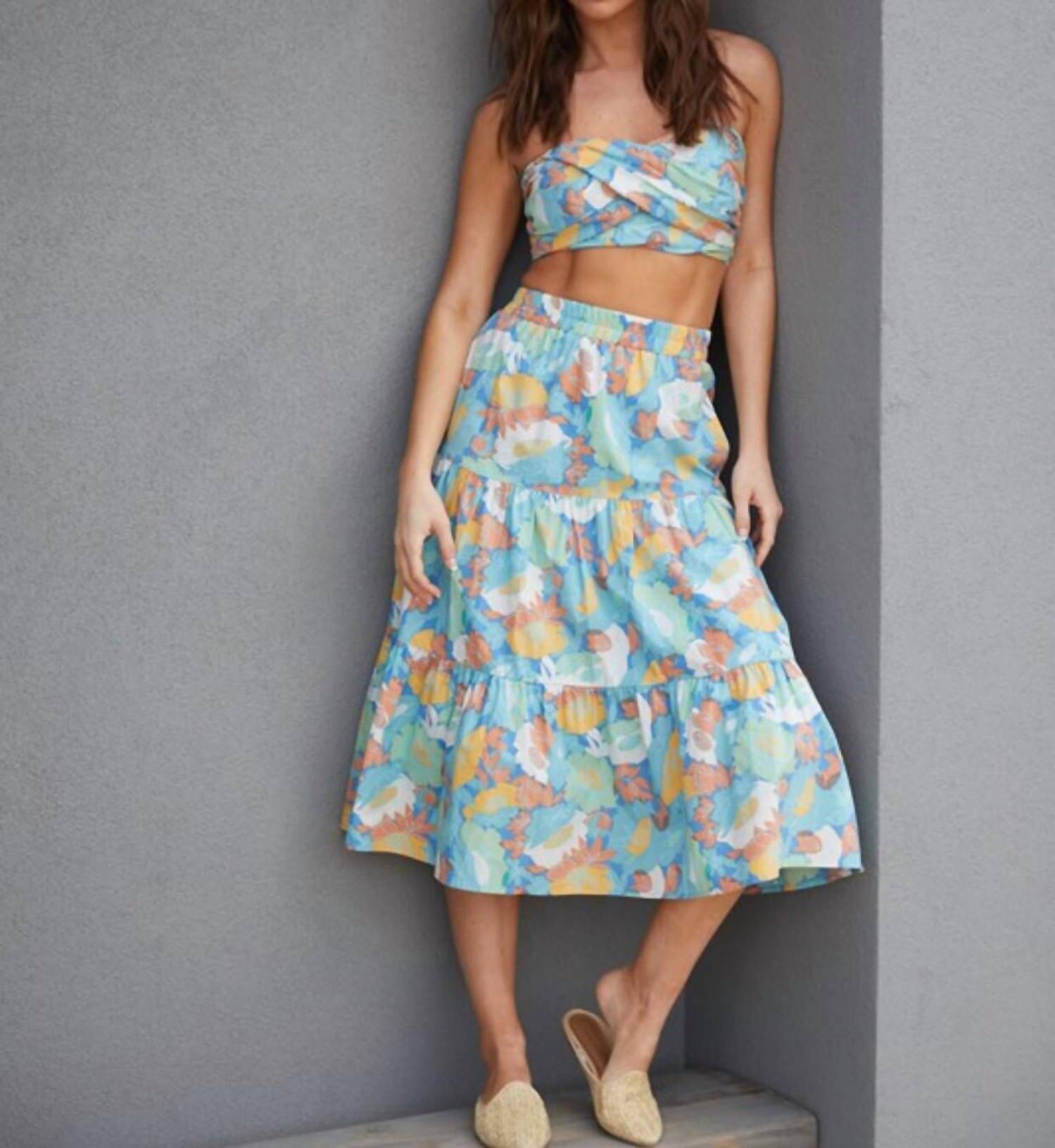 Lena - Alyssa Floral Twisted Tube Top Midi Skirt Set - blue - clothing - cotton