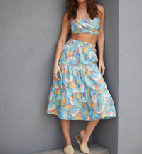 Lena - Alyssa Floral Twisted Tube Top Midi Skirt Set - blue - clothing - cotton