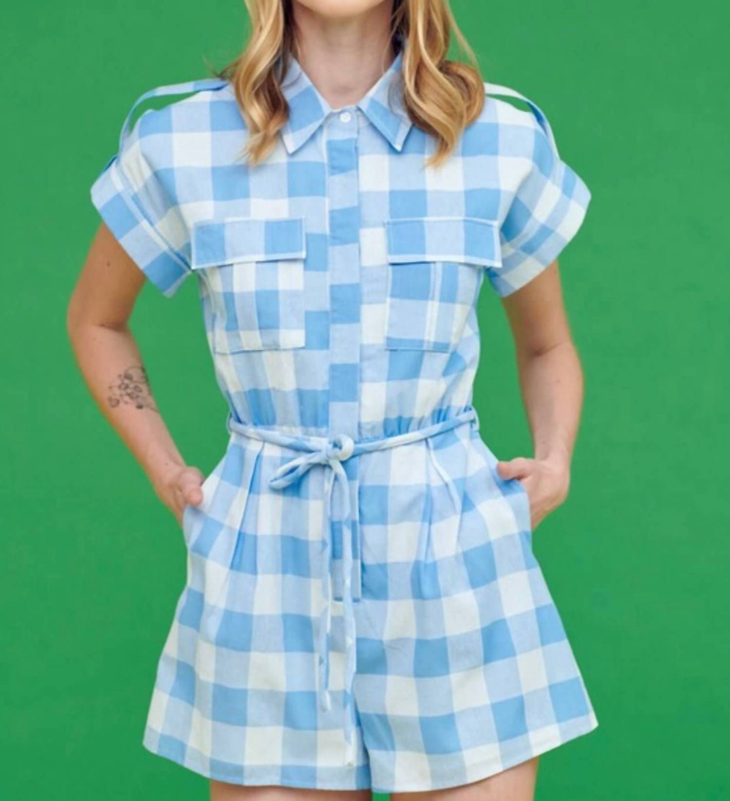 Lena - Gina Gingham Print Shirt Romper - blue - clothing - gingham