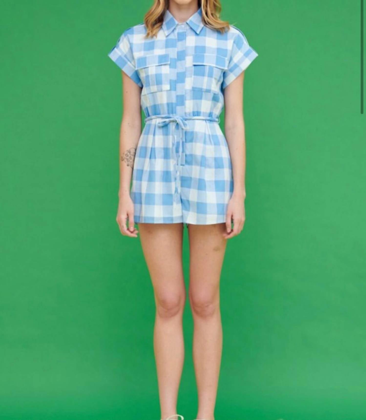 Lena - Gina Gingham Print Shirt Romper - blue - clothing - gingham