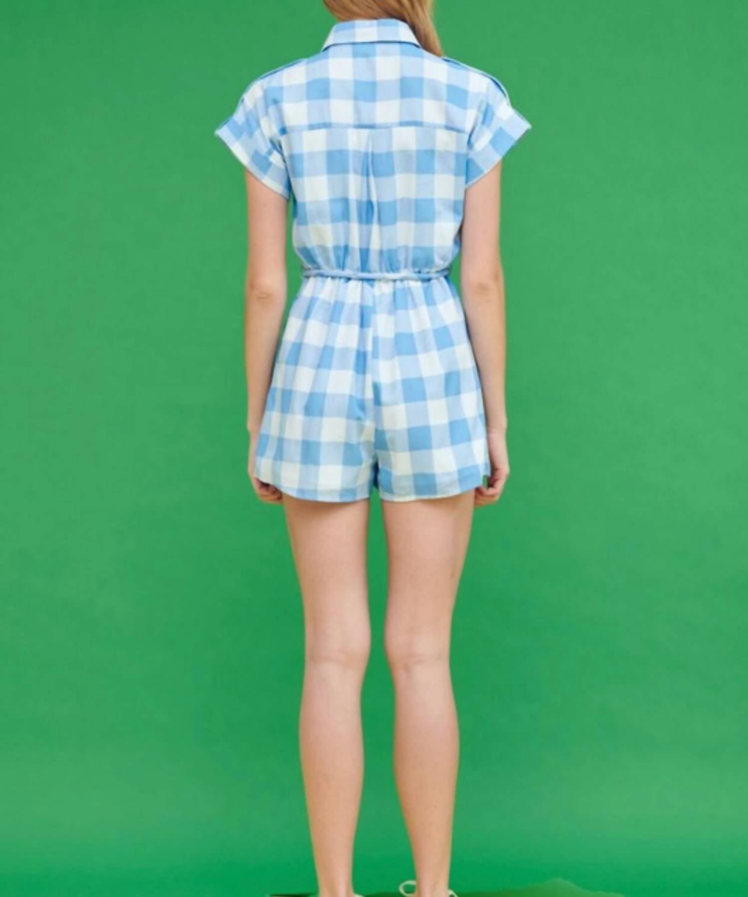 Lena - Gina Gingham Print Shirt Romper - blue - clothing - gingham