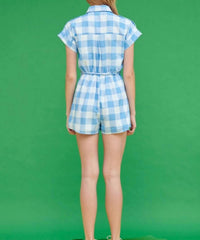 Lena - Gina Gingham Print Shirt Romper - blue - clothing - gingham