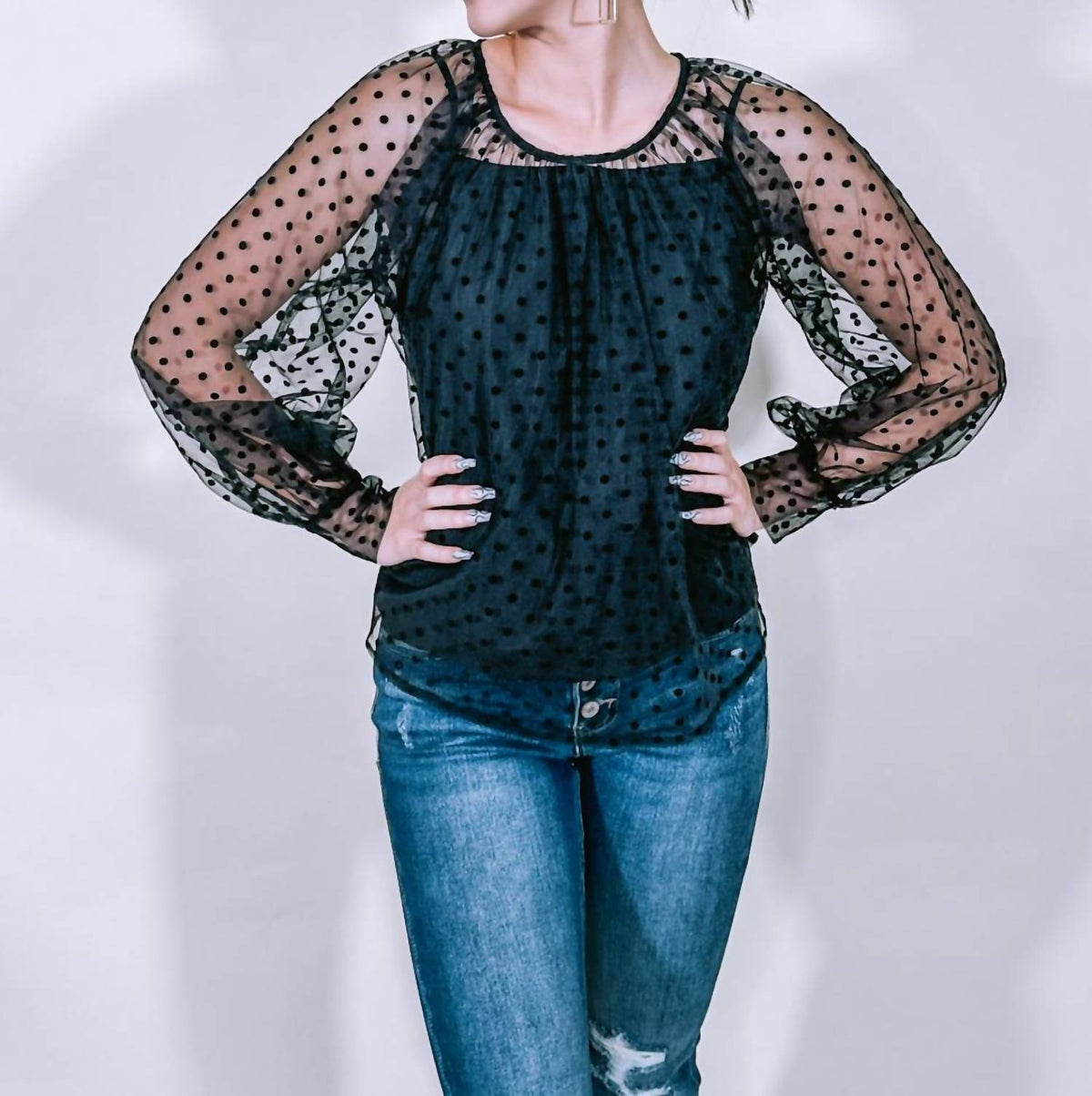 Lena - Sheer Polka Dot Blouse With Shell Tank Top