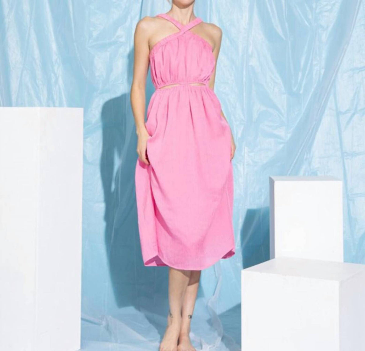 Lena - Textured Solid Cutout Midi Dress