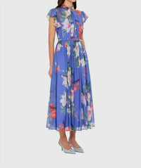 Leo Lin - Flutter Sleeve Midi Dress - blue - clothing - dresses