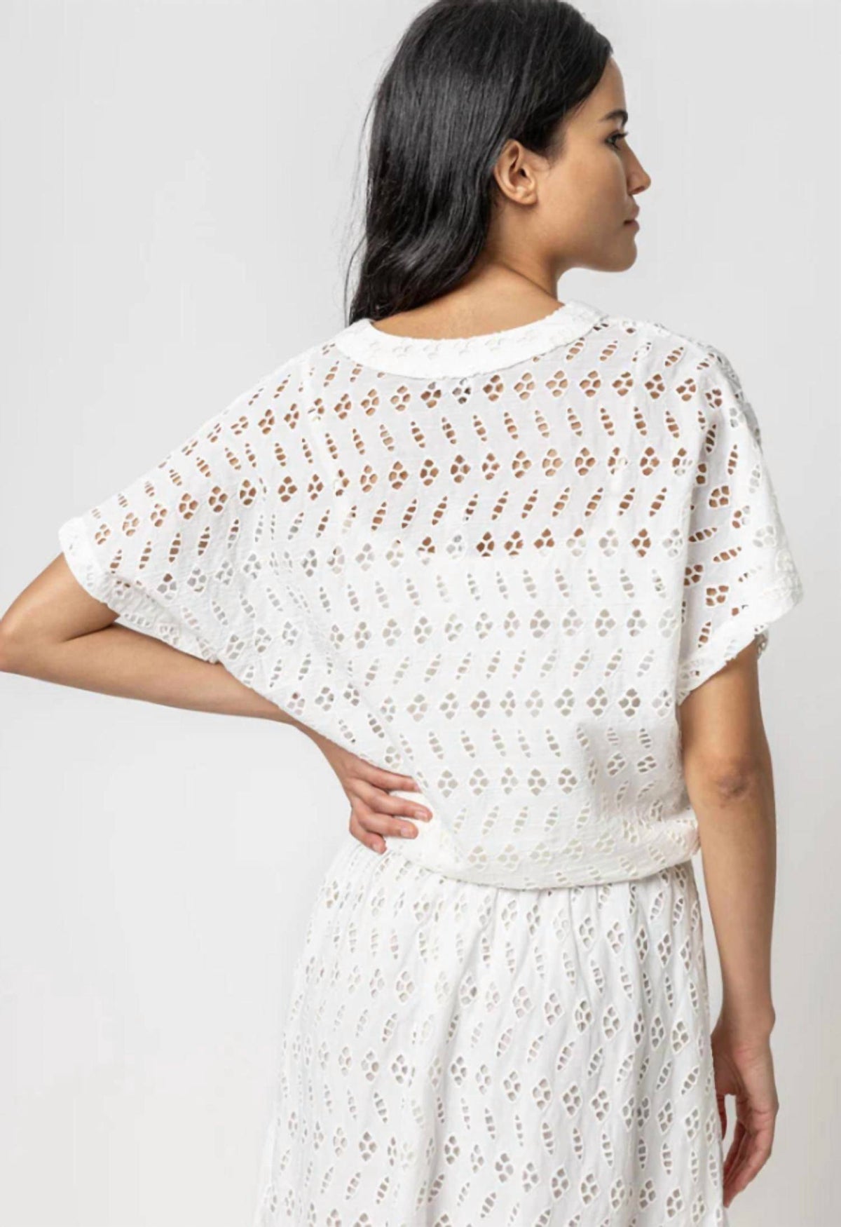 Lilla P - Eyelet Drawstring Dolman V-neck Top