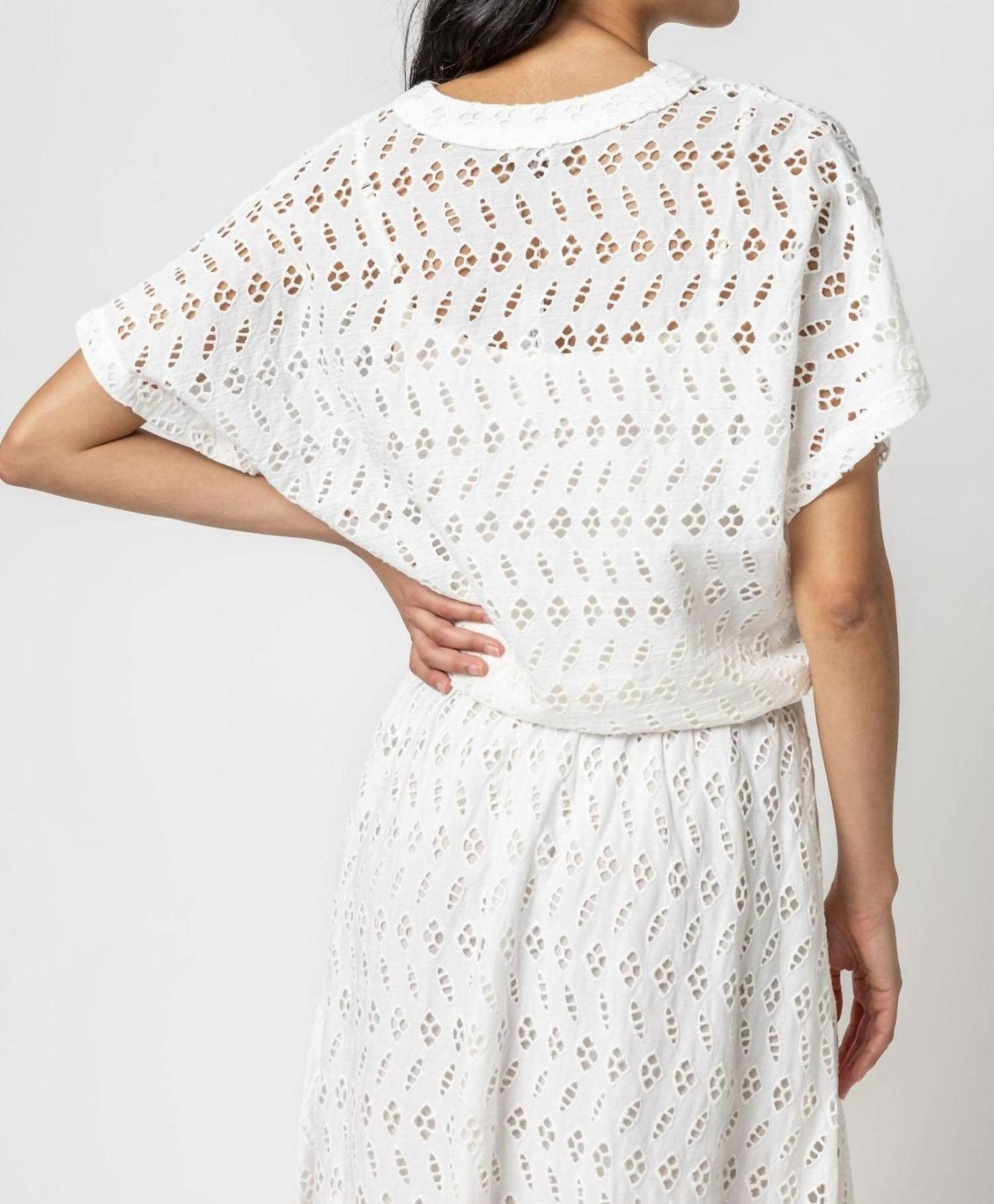 Lilla P - Eyelet Drawstring Dolman V-neck Top