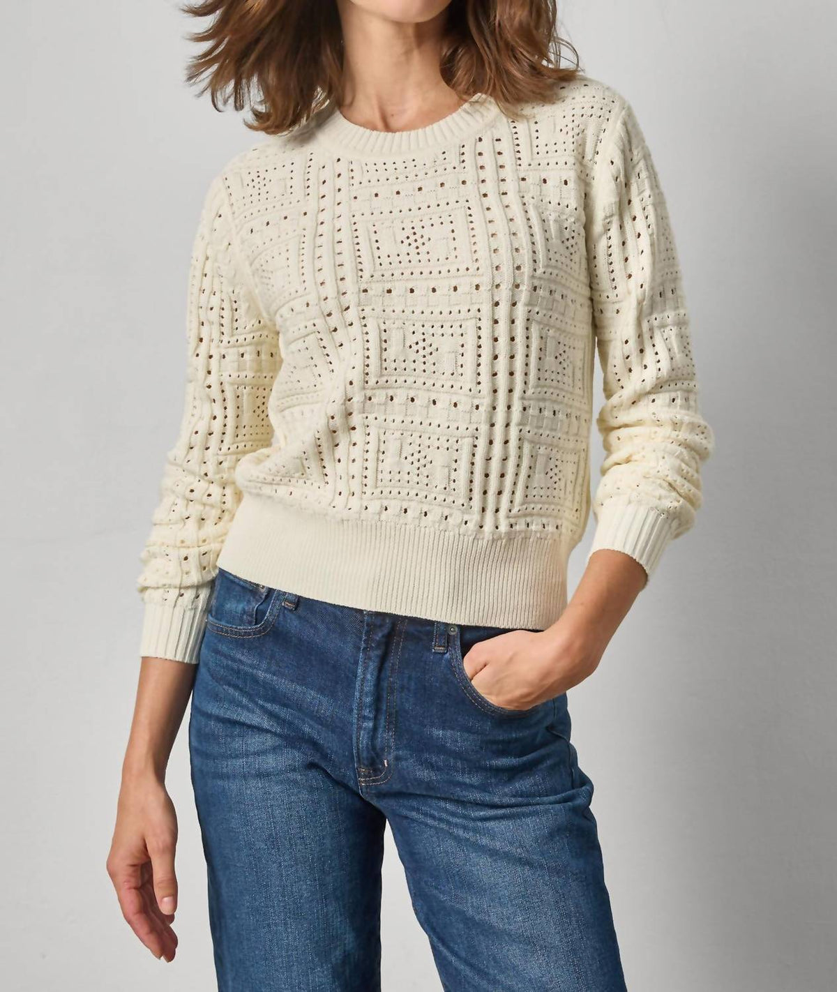 Lilla P - Patchwork Stitch Crewneck Sweater Top