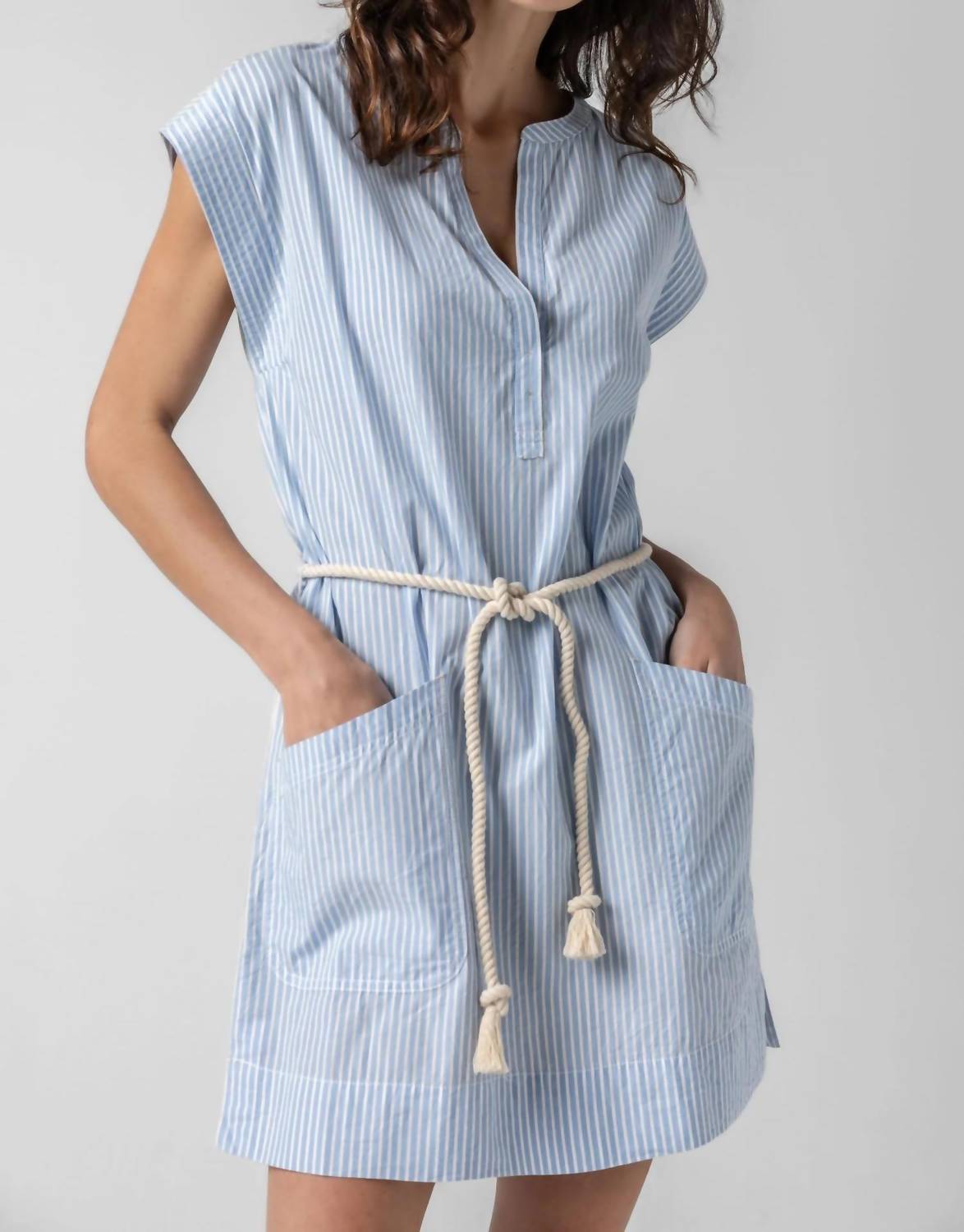 Lilla P - Split Neck Dress w Rope Belt - blue - casual - dress - clothing
