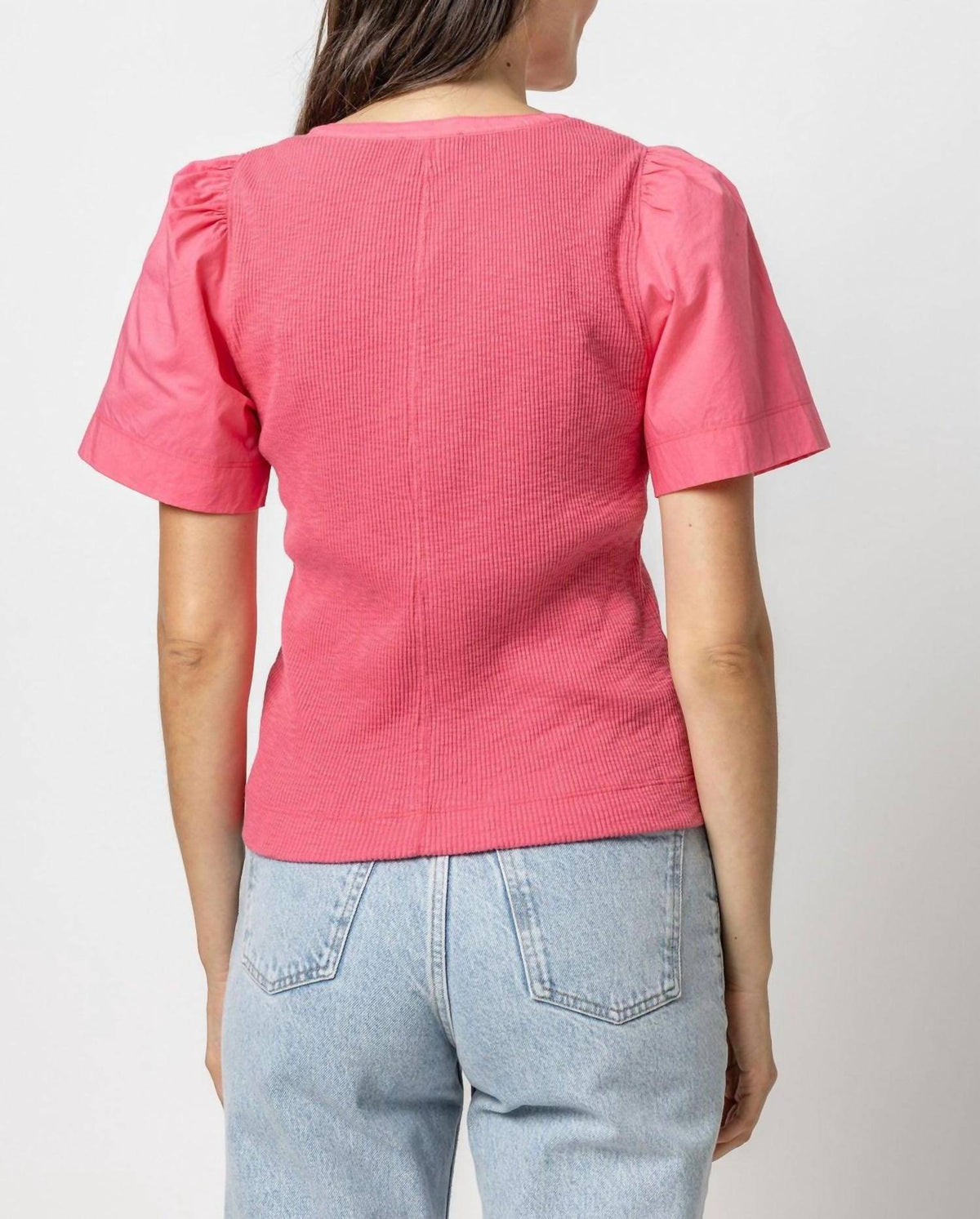 Lilla P - Woven Sleeve Split Neck Top
