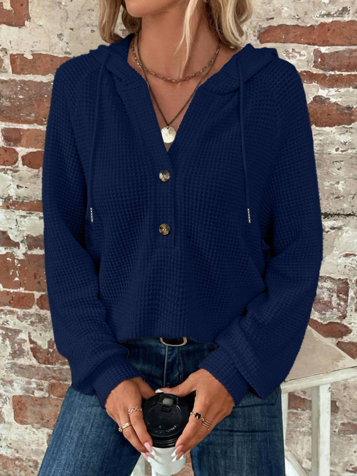 Lily Clothing - Waffle Button-up Hoodie Pullover