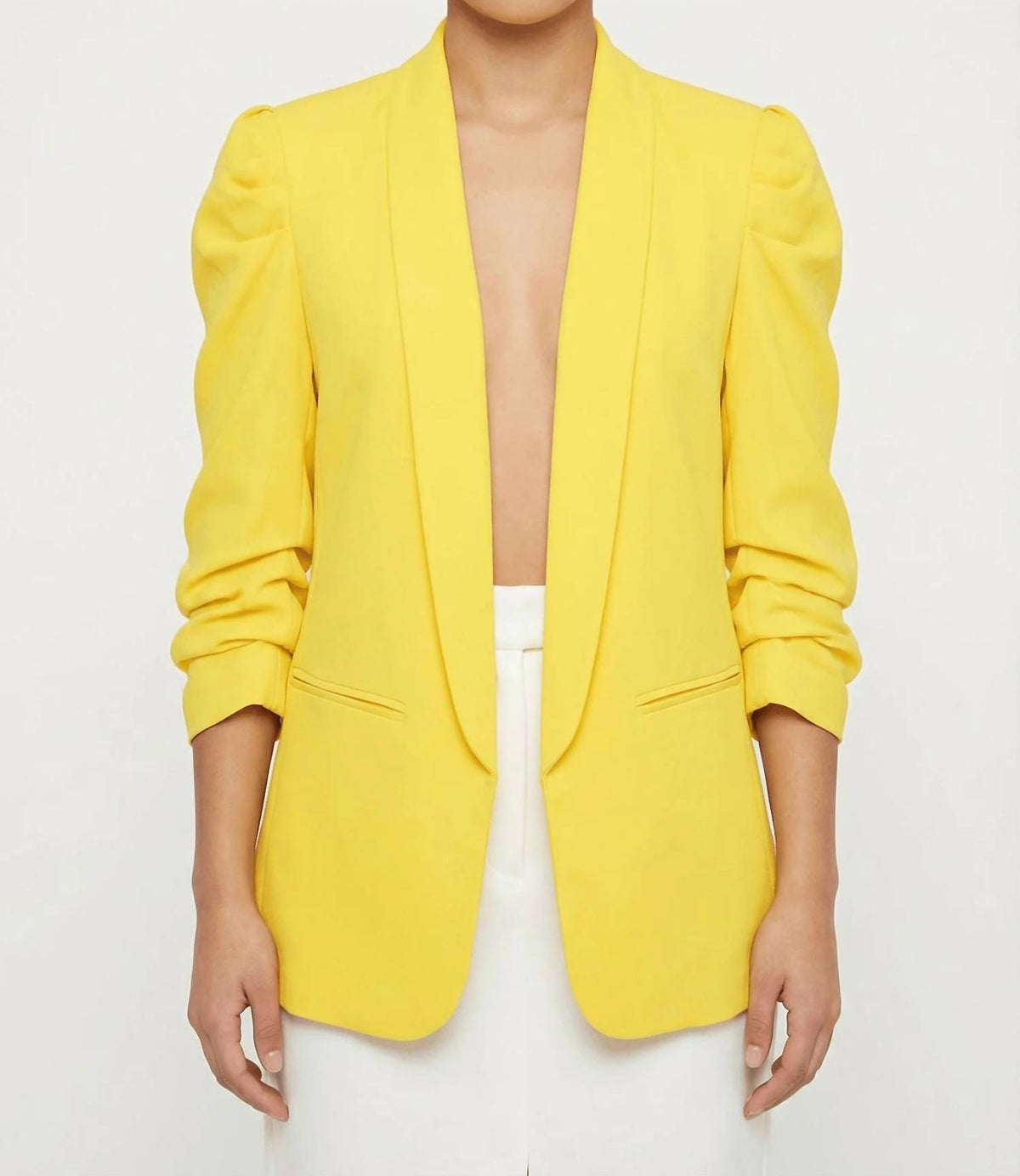 Linzy - Ruched Puff Sleeve Open-Front Blazer