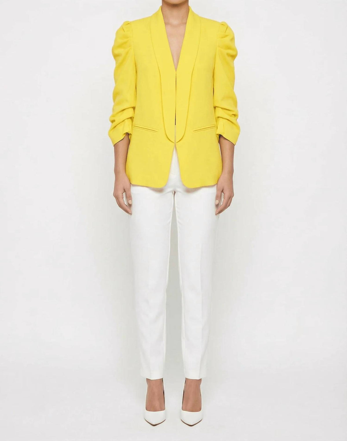 Linzy - Ruched Puff Sleeve Open-Front Blazer
