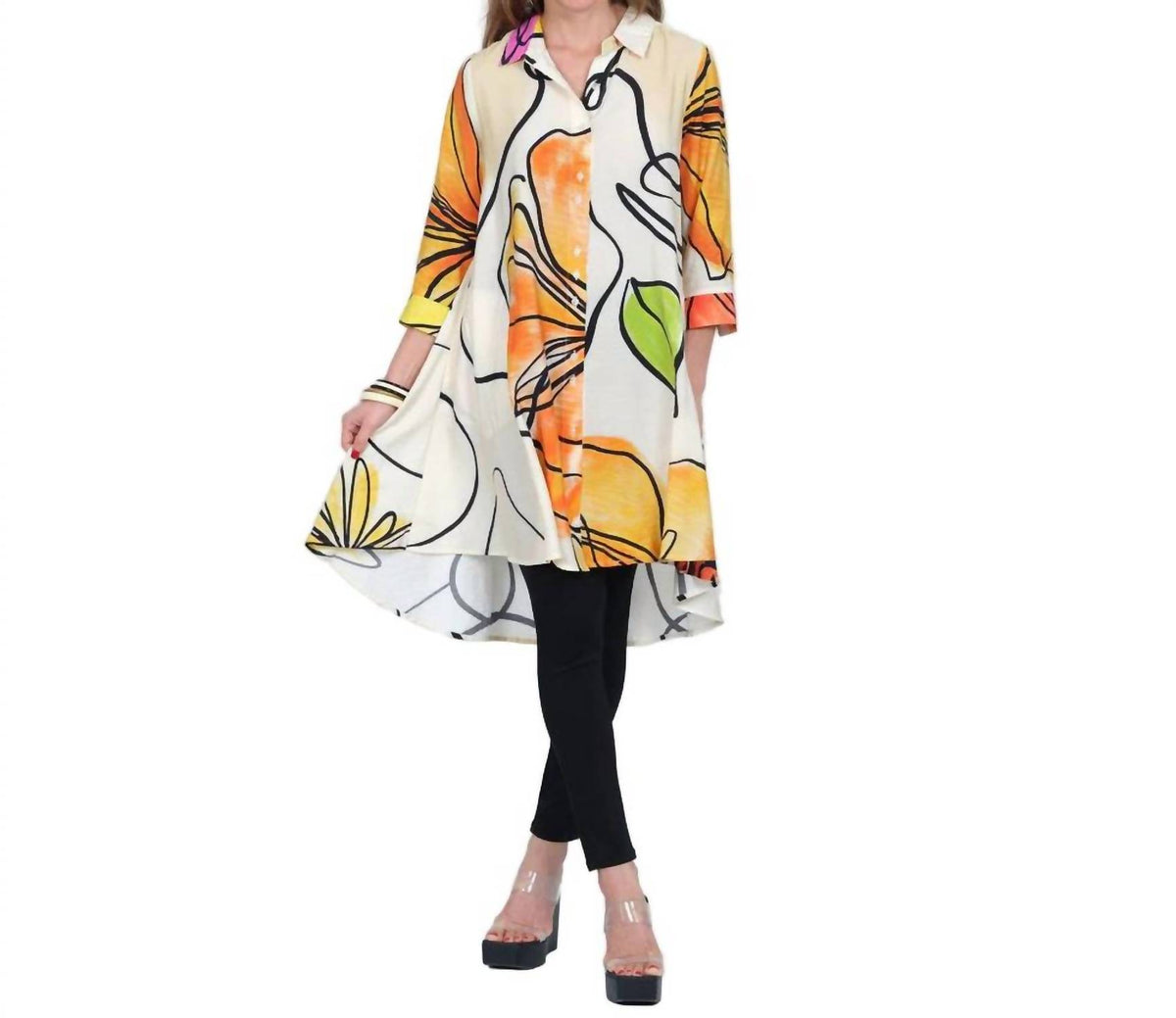 Lior - Abstract Leaf Print Button Front Shirt Dress