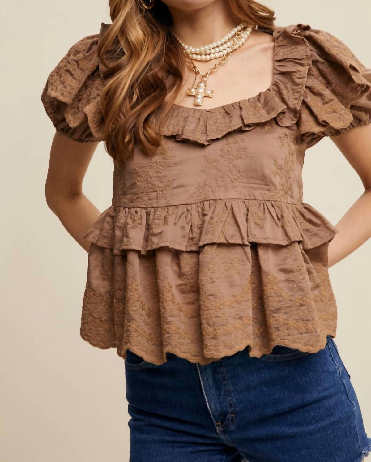 Listicle - Embroidered Ruffled Peplum Blouse