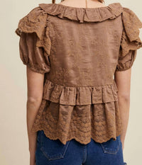 Listicle - Embroidered Ruffled Peplum Blouse
