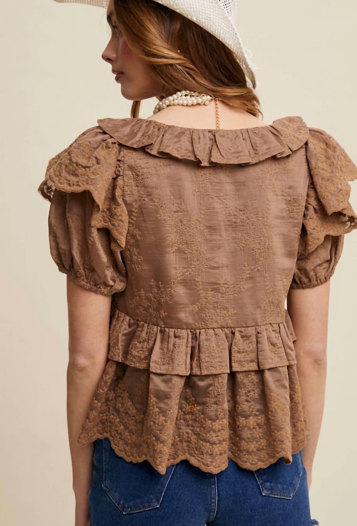 Listicle - Embroidered Ruffled Peplum Blouse