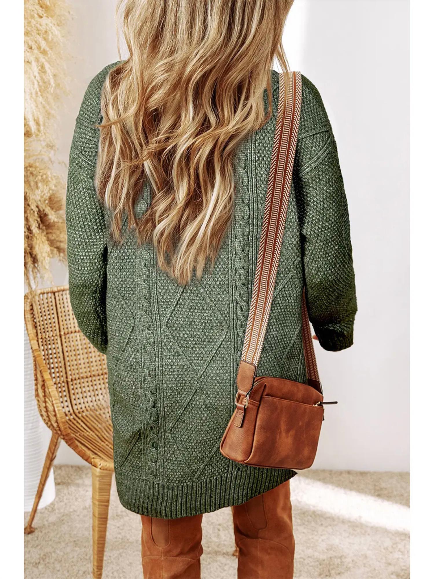Little Daisy Closet - Cable Knit Drop Shoulder Loose Fit Sweater Dress - clothing - dresses - green