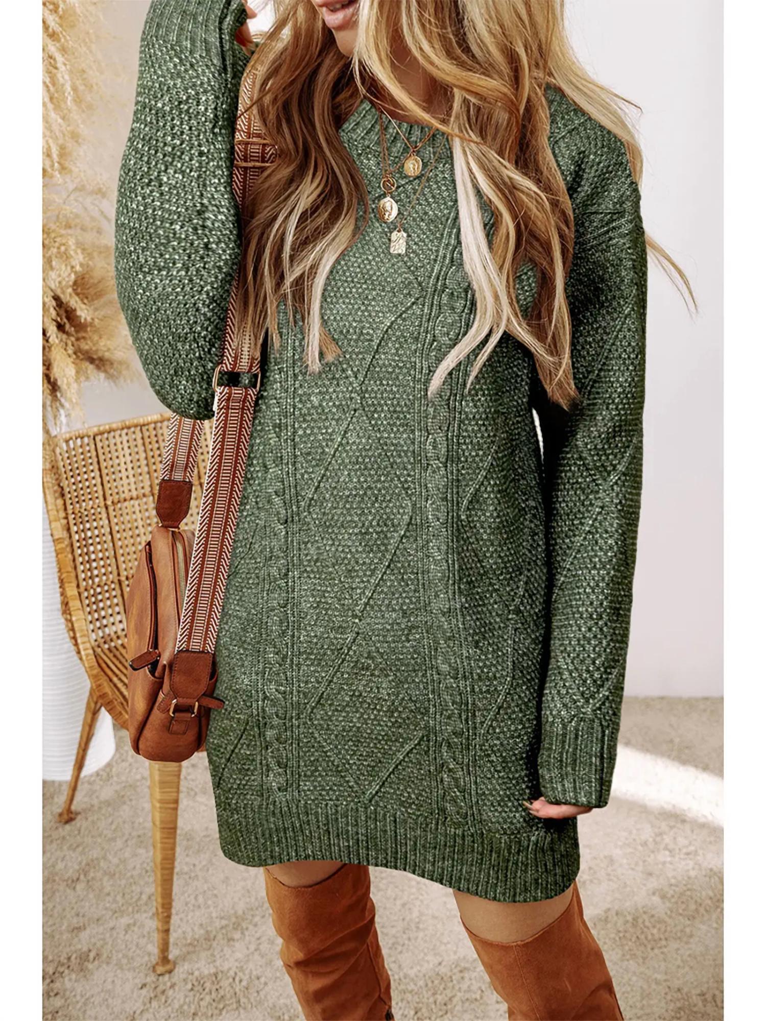Little Daisy Closet - Cable Knit Drop Shoulder Loose Fit Sweater Dress - clothing - dresses - green