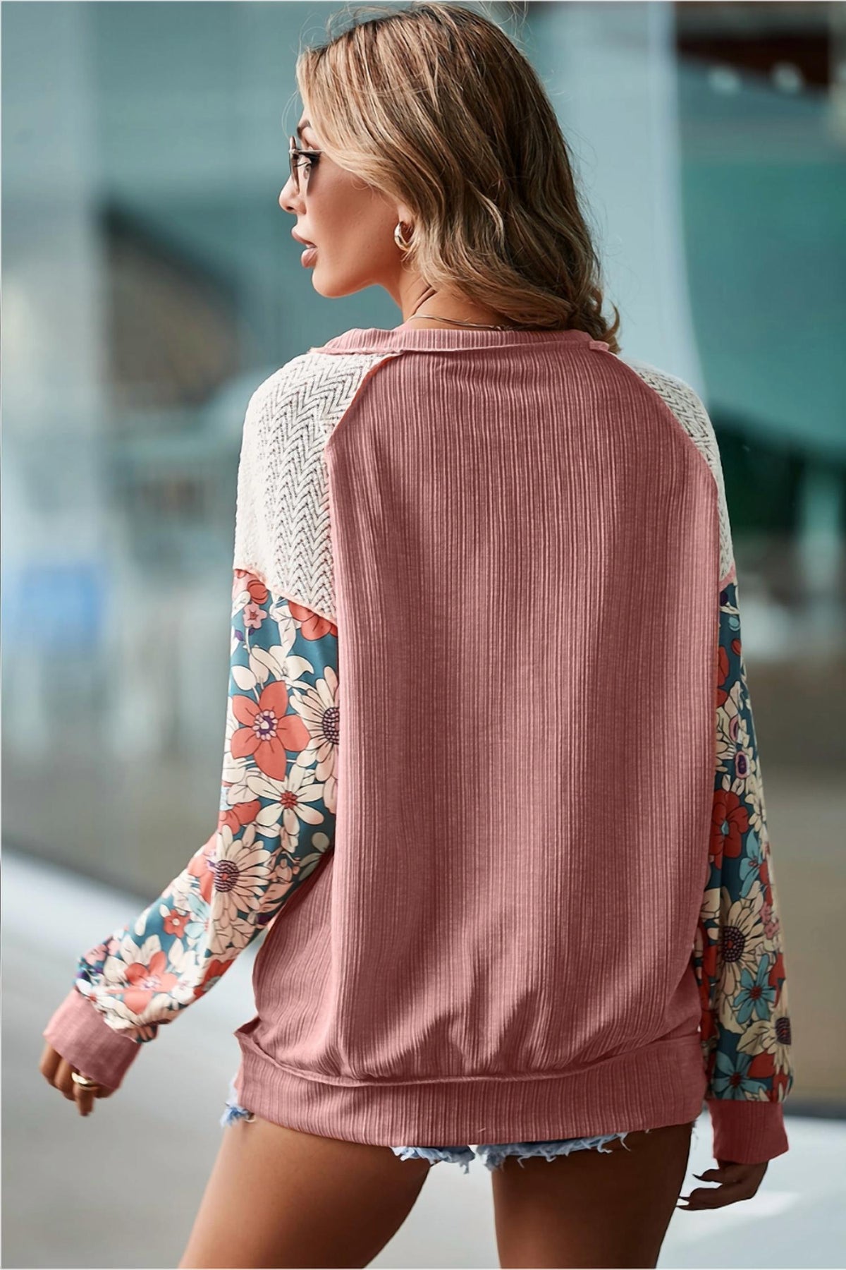 Little Daisy Closet - Floral Patchwork Puff Sleeve Textured Blouse