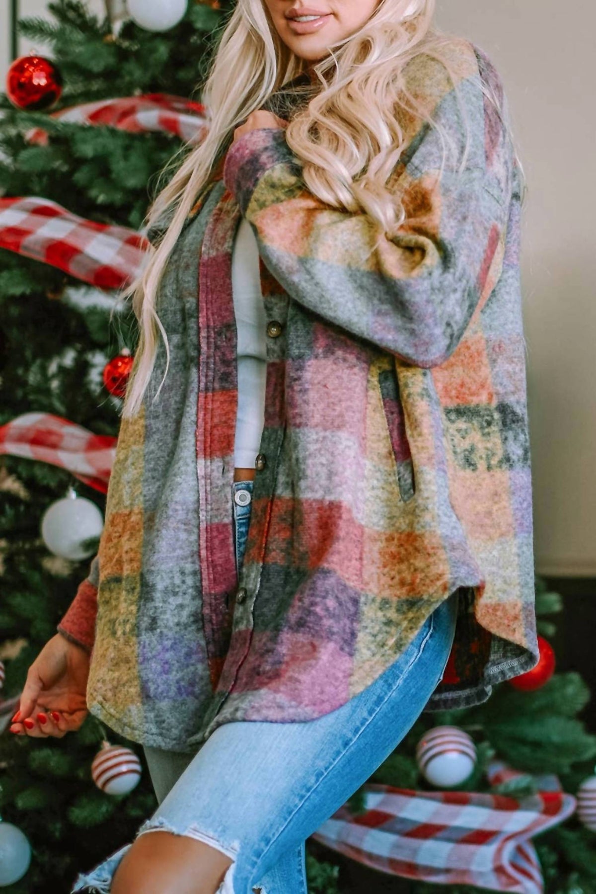 Little Daisy Closet - Women's Brushed Plaid Pocketed Jacket