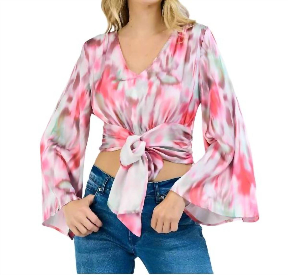 Llove - Bowtie Crop Flare Sleeve Top