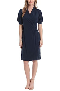London Times - Faux Wrap Knee Length Dress - blue - clothing - dresses