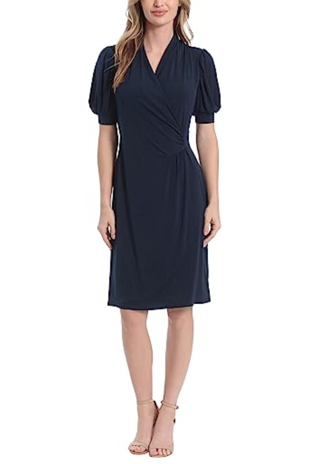 London Times - Faux Wrap Knee Length Dress - blue - clothing - dresses