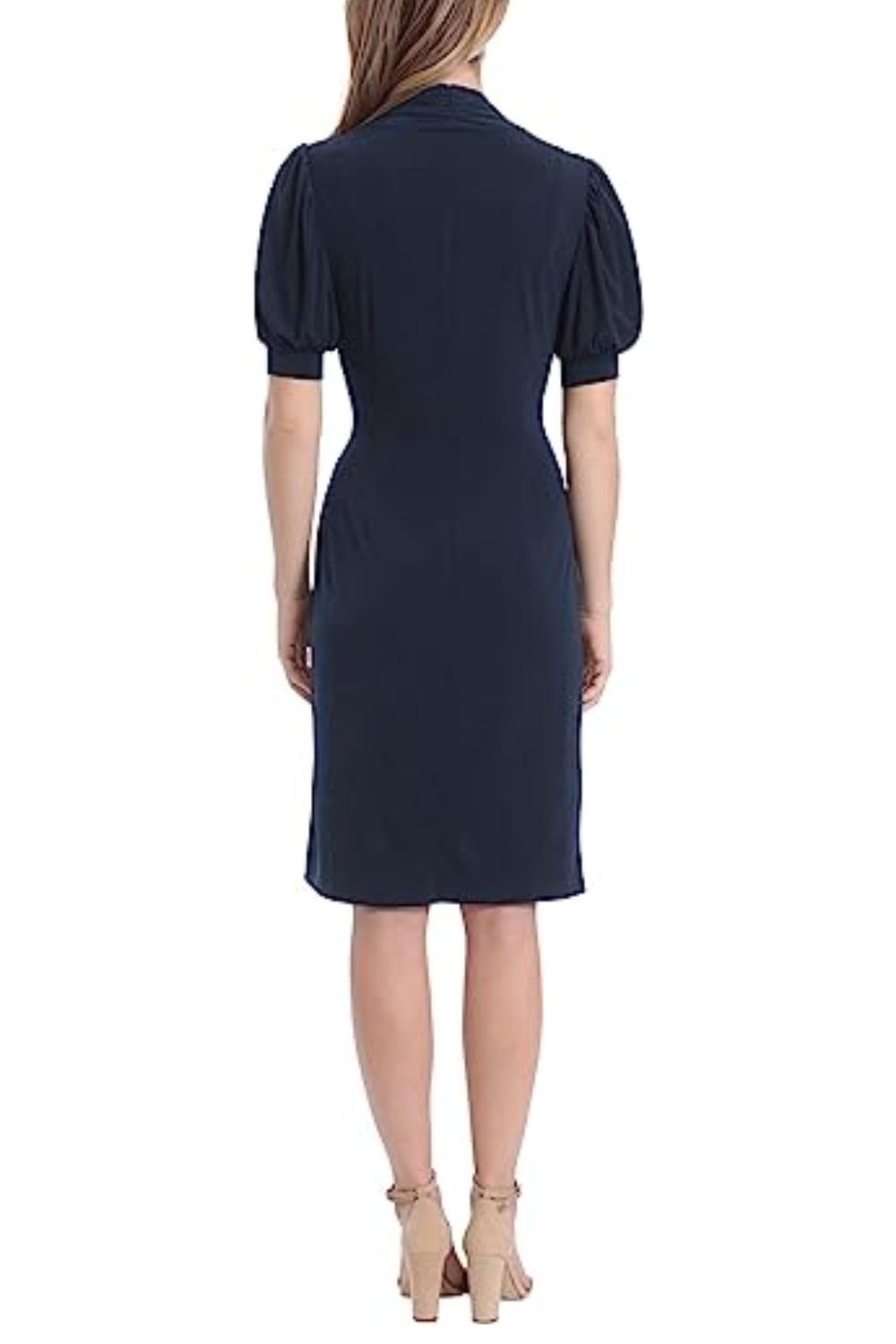 London Times - Faux Wrap Knee Length Dress - blue - clothing - dresses