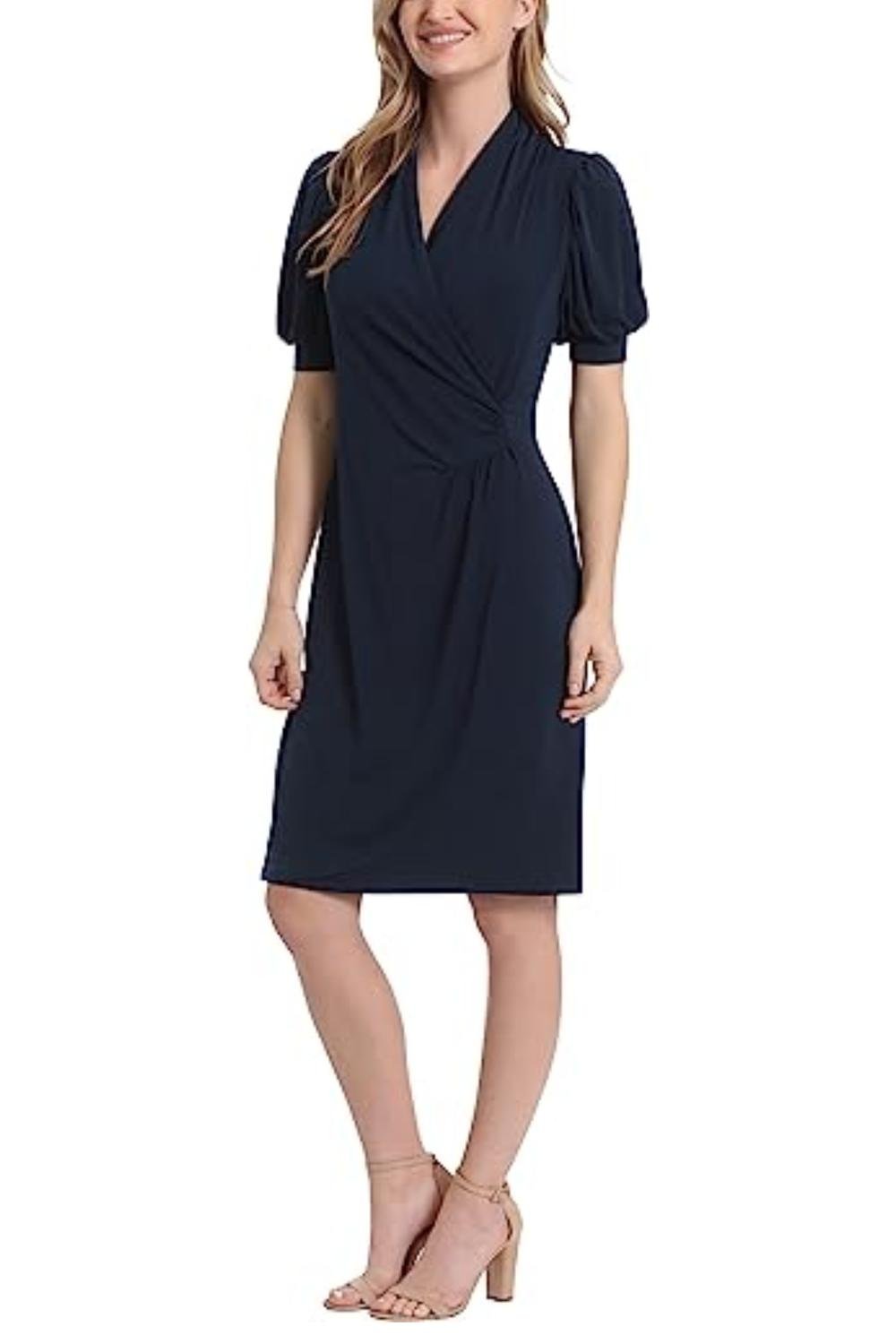 London Times - Faux Wrap Knee Length Dress - blue - clothing - dresses