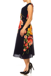 London Times - Floral Print A - line Midi Dress - blue - clothing - dresses