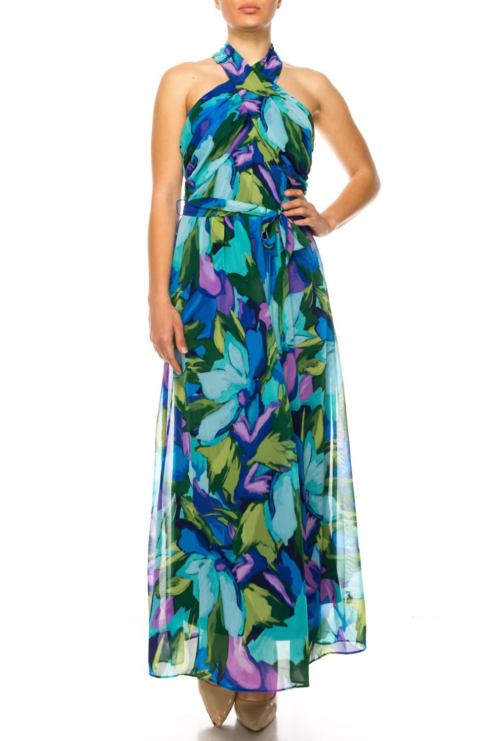London Times - Floral Print Halter Neck Maxi Dress - blue - clothing - dresses