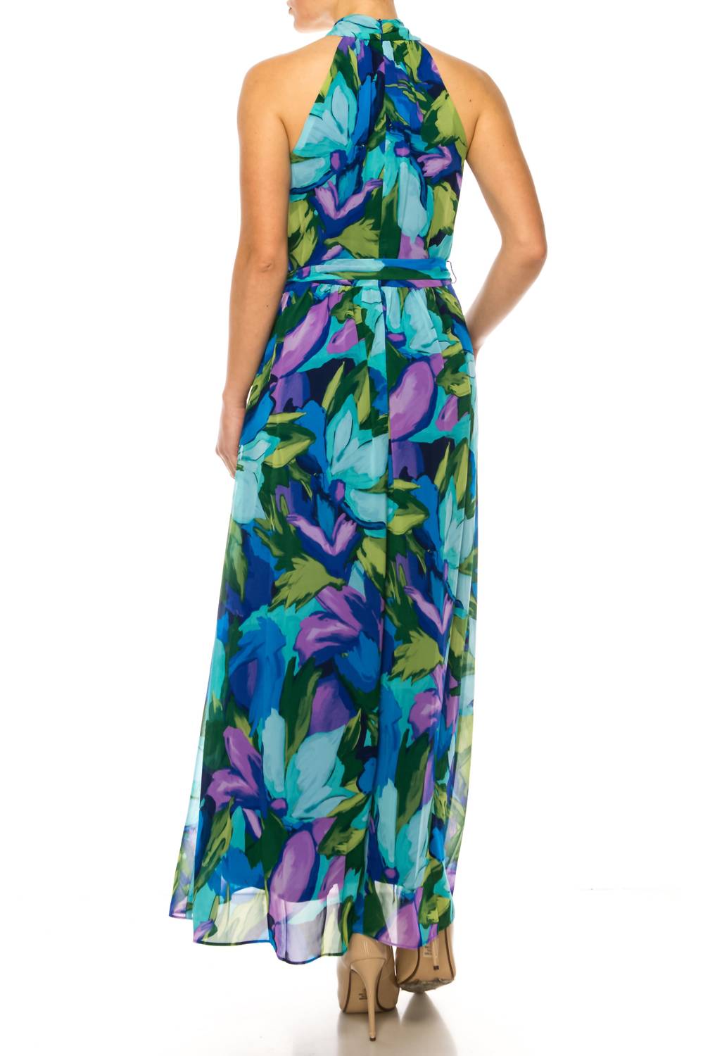 London Times - Floral Print Halter Neck Maxi Dress - blue - clothing - dresses