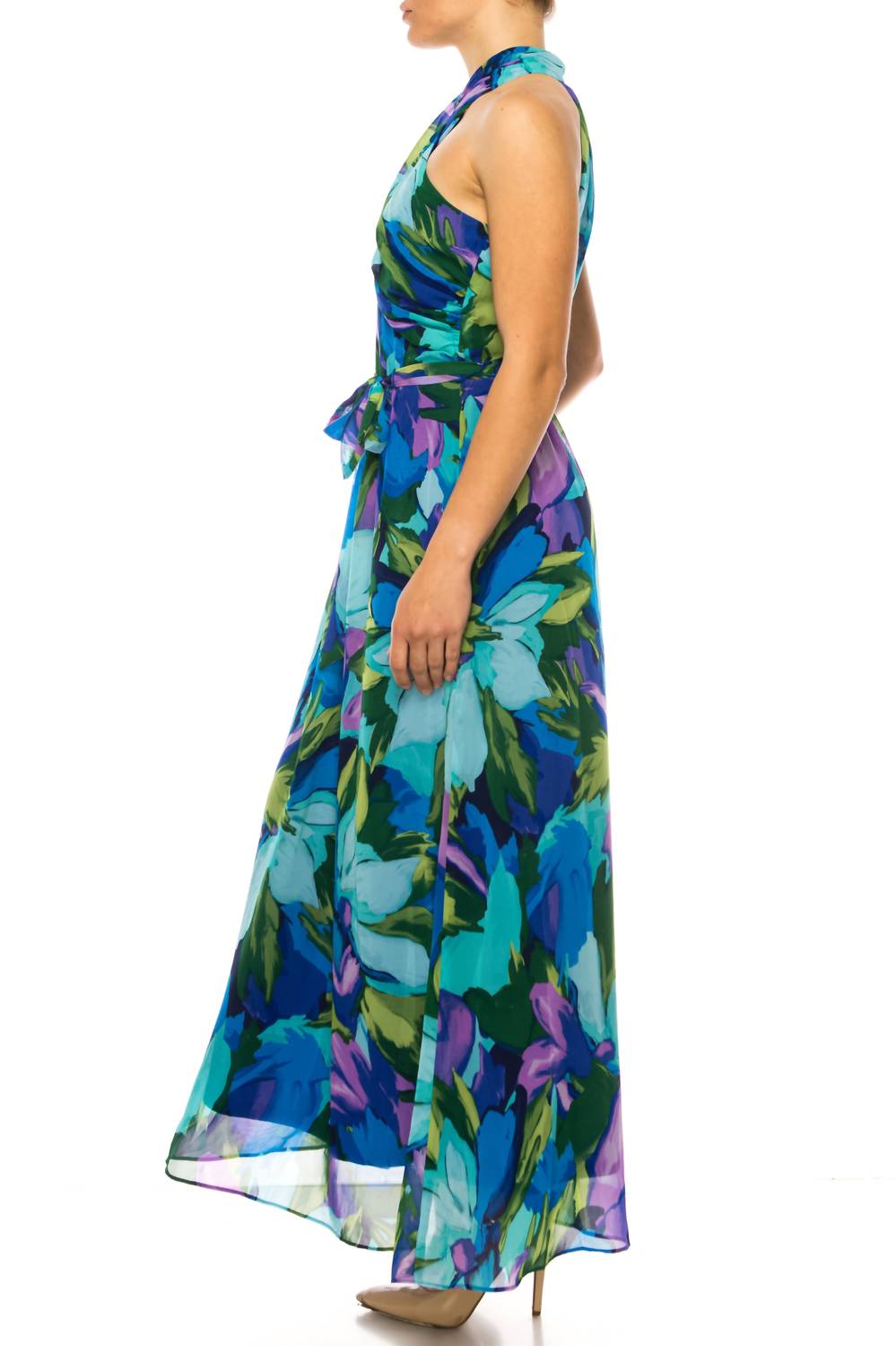 London Times - Floral Print Halter Neck Maxi Dress - blue - clothing - dresses